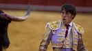 Spanish matador Nazare looks at a bull after being gored by it during a bullfight in Seville