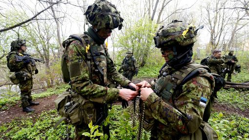 Estonští vojáci na cvičení v Sillamae blízko ruské hranice.