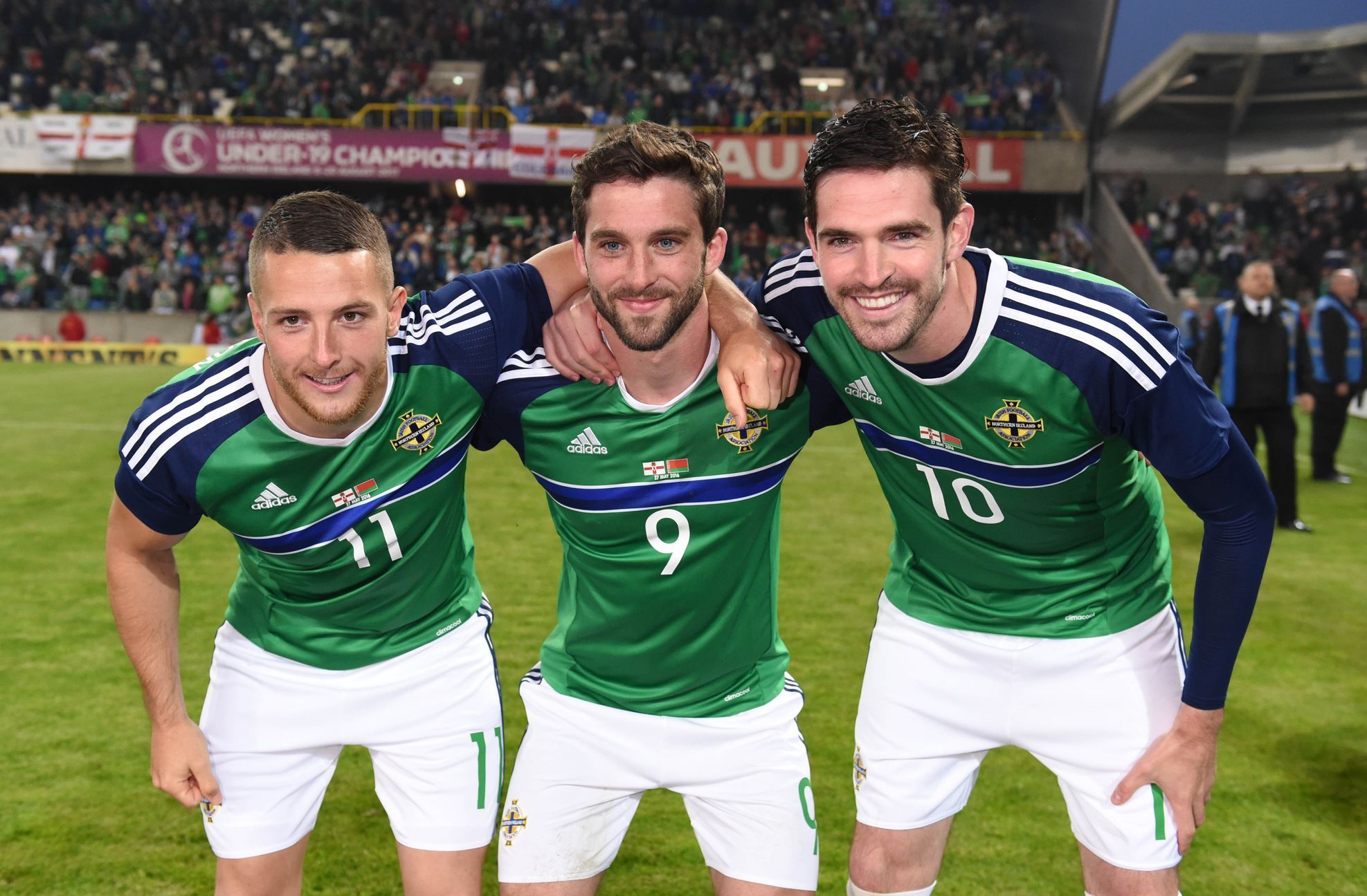 Northern Ireland's Conor Washington, William Grigg and Kyle Lafferty pose for photos before they leave for Euro 2016