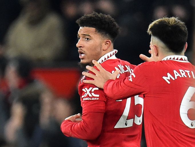 Jadon Sancho z Manchesteru United v zápase proti Leedsu.