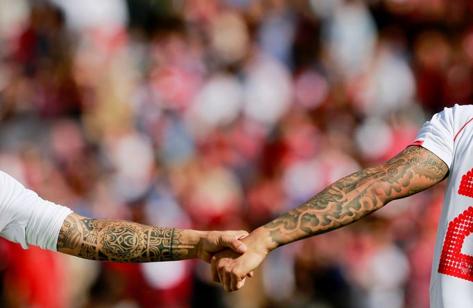 Nejlepší fotky 2014: Ever Banega a Victor Machin si gratulují ke gólu