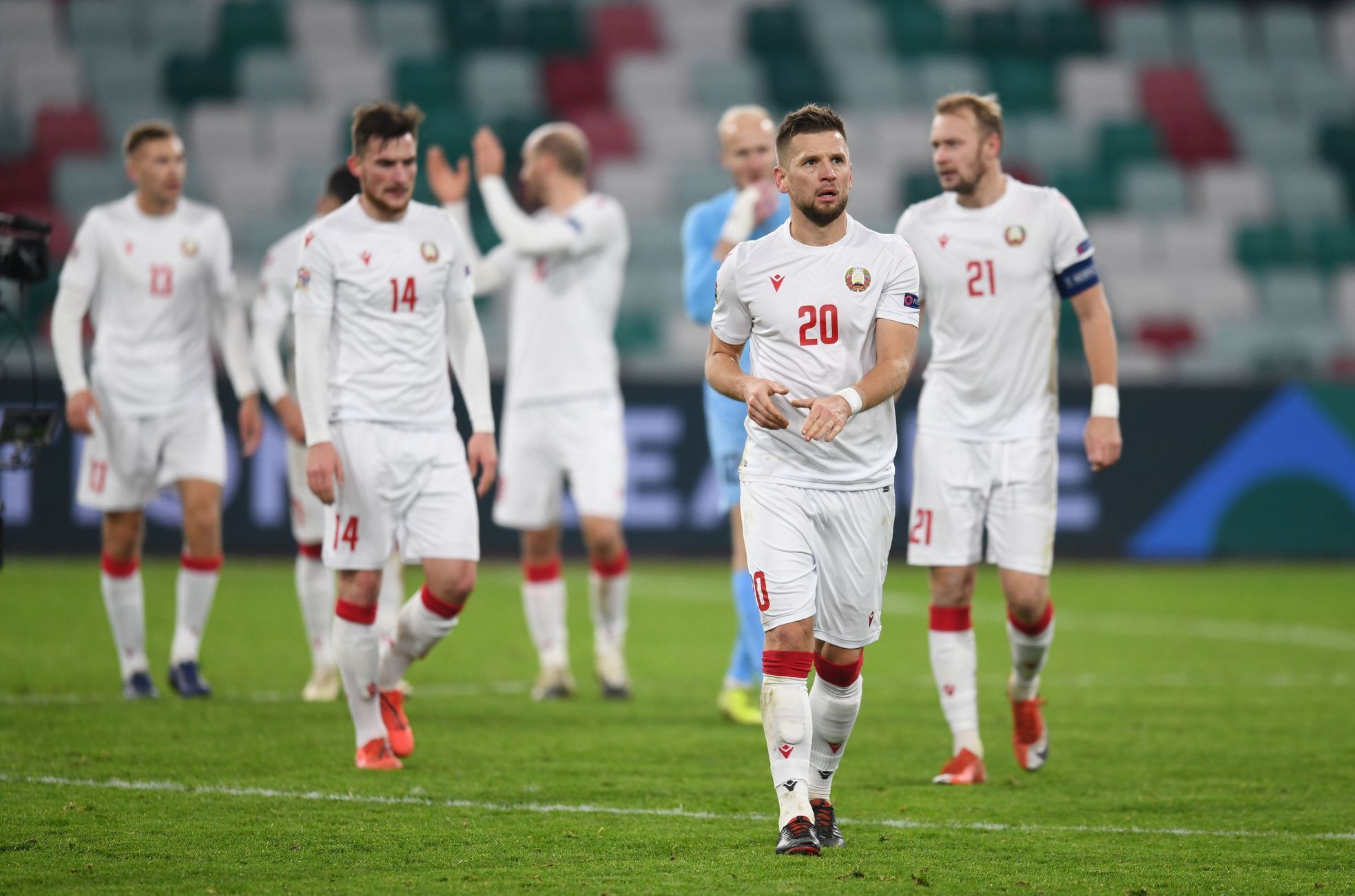 Fotbalisté Běloruska po zápase Ligy národů (2020)