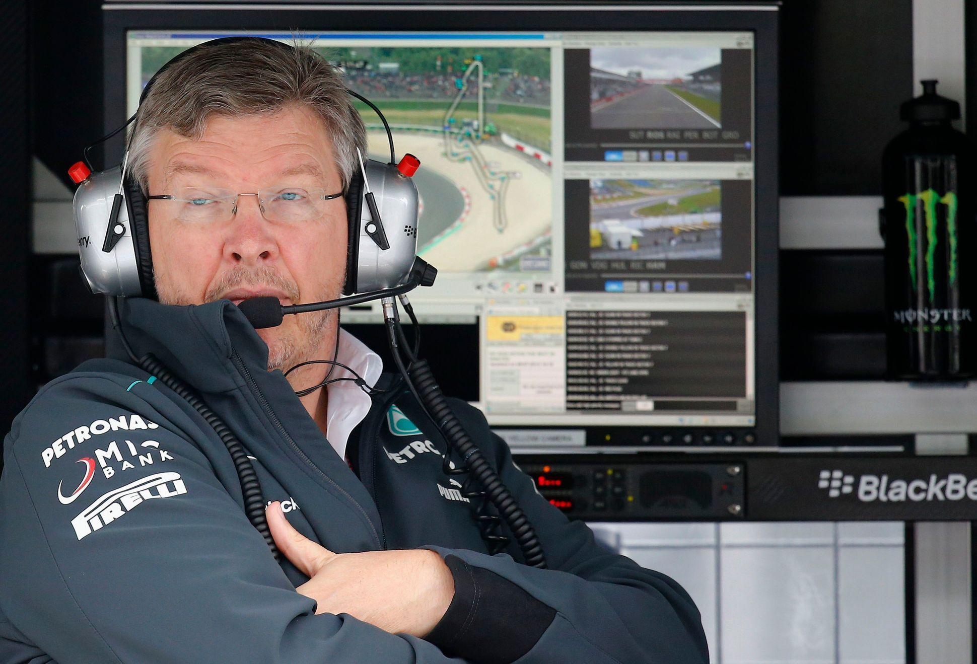 Mercedes Formula One team principal Ross Brawn looks on duri
