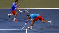 Czech Republic's Stepanek hits a return beside his compatriot Rosol during their Davis Cup quarter-final men's doubles tennis match against Japan's Ito and Uchiyama in Tokyo