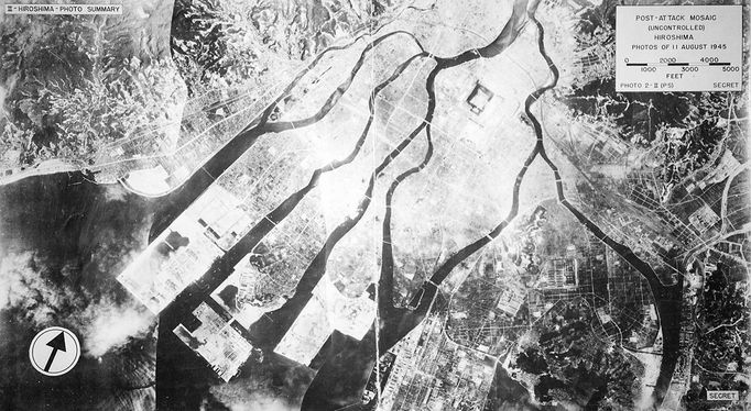 Hiroshima after atom bomb, aerial view Hiroshima after atom bomb. Image 2 of 2. Aerial photograph of the Japanese port of Hiroshima on 11th August 1945, during World War II, five days after it had been destroyed by a US atomic bomb. The central blast area (upper right) was around three kilometres across. This was the first atomic bomb used in warfare, the second being used over Nagasaki three days later. Over 220,000 people died in the attacks, and thousands were injured. Japan surrendered a few days later. For Hiroshima before the bombing, see image T162/126.