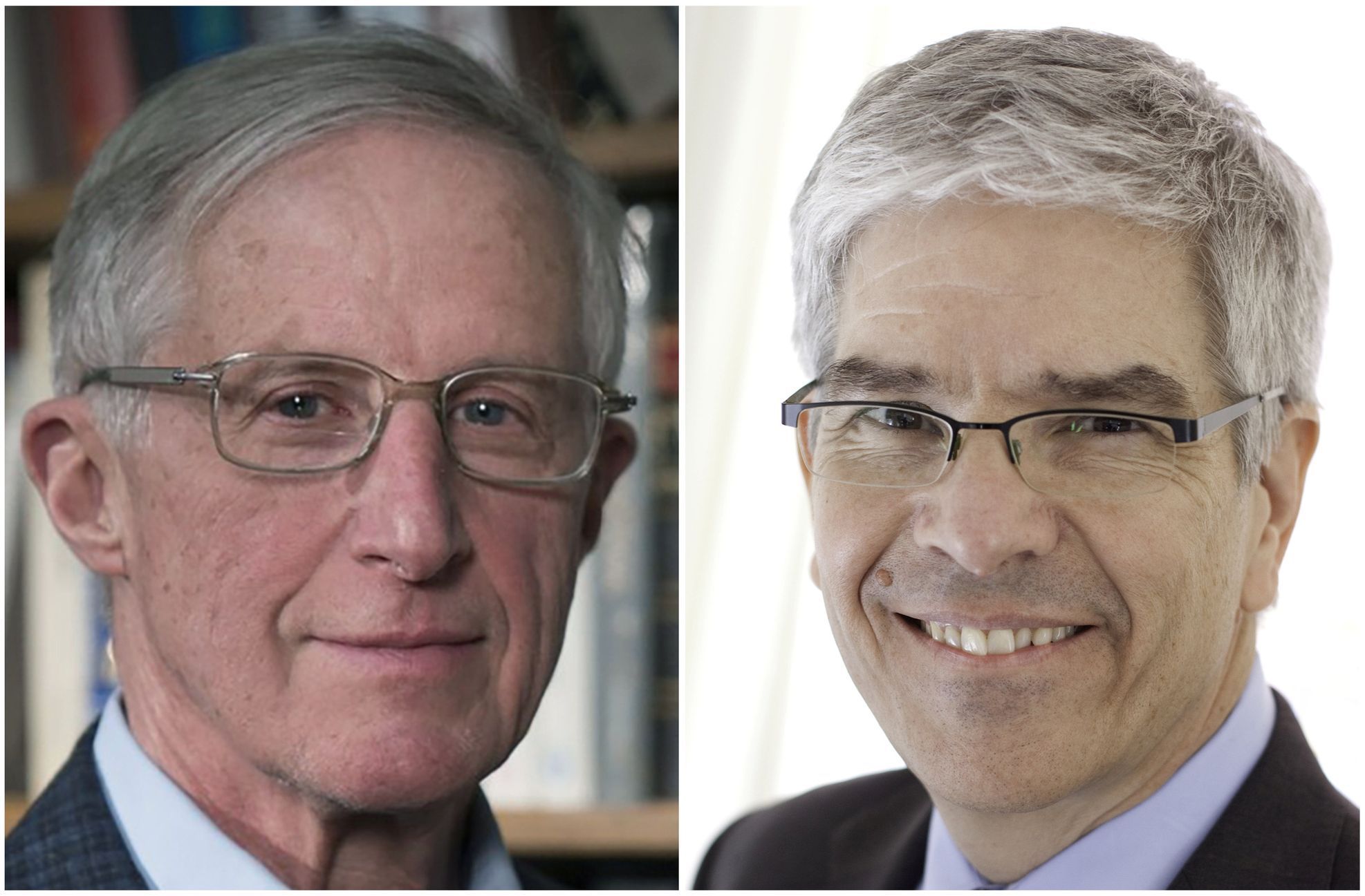 Laureáti Nobelovy ceny za ekonomii William D. Nordhaus (L) a Paul Romer