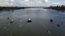 The Space Shuttle Enterprise floats up the Hudson River June 6, 2012, as it rides past the New York skyline on a barge to be placed at the Intrepid Sea, Air and Space Museum. REUTERS/Lucas Jackson (UNITED STATES - Tags: SCIENCE TECHNOLOGY TRANSPORT) Published: Čer. 6, 2012, 5:23 odp.