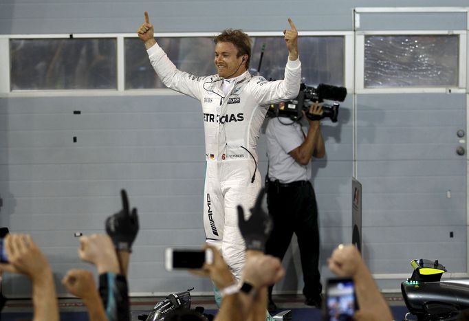 Mercedes F1 driver Nico Rosberg of Germany celebrates after winning the Bahrain GP.