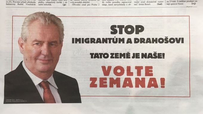 Inzerát na podporu Miloše Zemana.