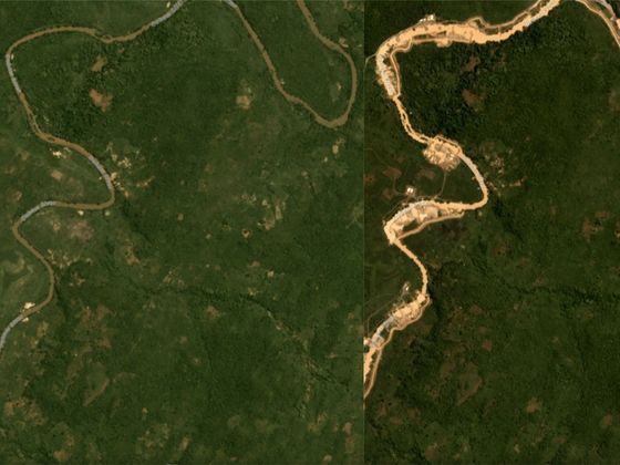 Satelitní snímky čínských zlatých dolů z června 2018 a června 2019