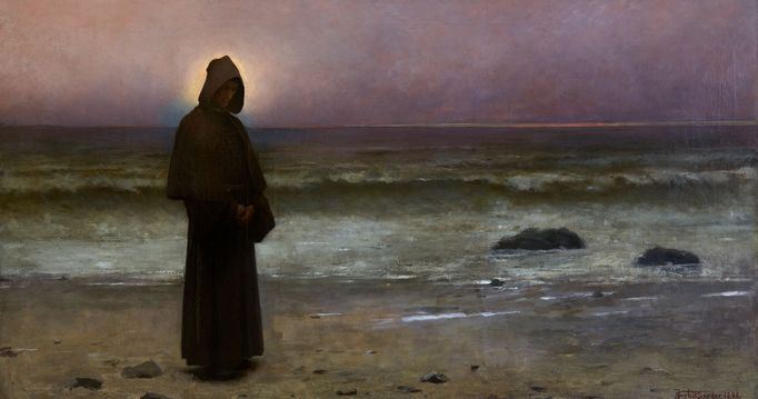 Jakub Schikaneder: Kontemplace (Mnich na mořském břehu), 1893, olej na plátně