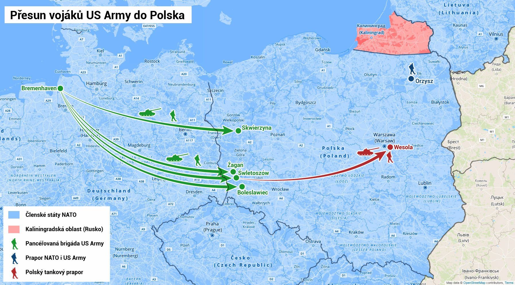 Přesun vojáků US Army do Polska - mapa