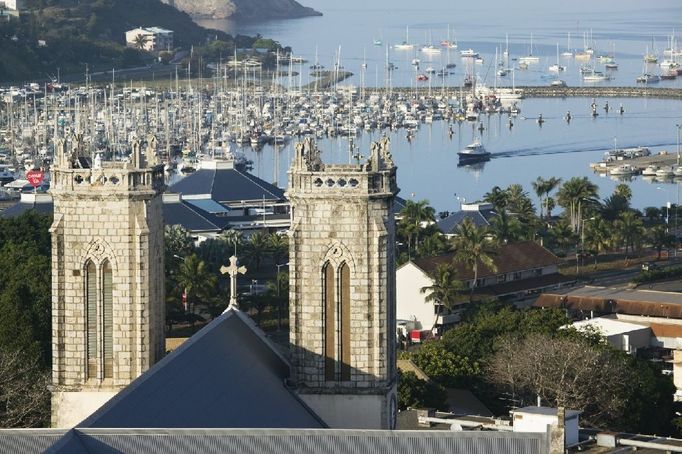 NEW CALEDONIA-Grande Terre Island-NOUMEA: Port Moselle and Cathedrale St. Joseph / morning