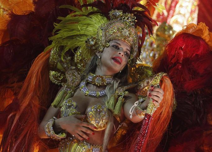 A reveller from the Beija Flor samba school participates during the annual carnival parade in Rio de Janeiro's Sambadrome, February 11, 2013. REUTERS/Pilar Olivares (BRAZIL - Tags: SOCIETY TPX IMAGES OF THE DAY) Published: Úno. 12, 2013, 3:51 dop.