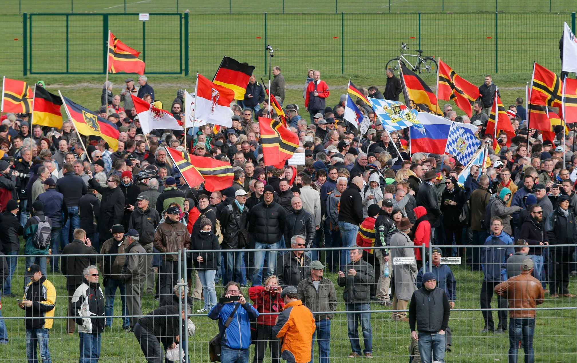 Supporters of the movement PEGIDA gather for a speech of Dutch anti-Islam politician Wilders during a rally in Dresden