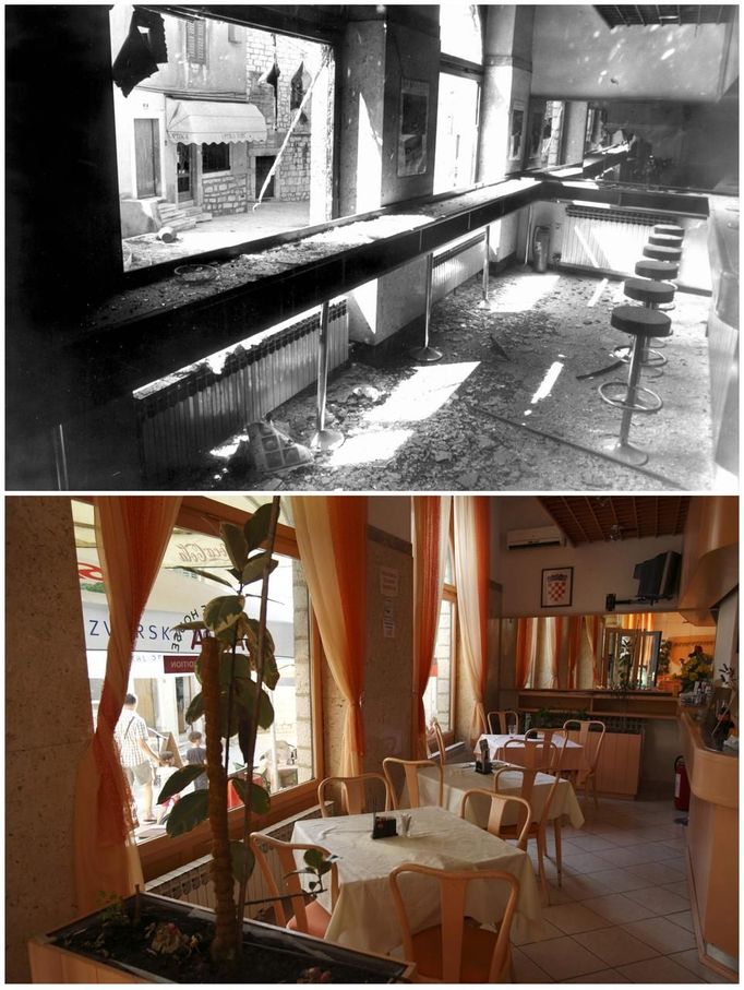 A combination picture shows the scene of a restaurant in 1991 (top) and a newly-constructed cafe in 2012 in Sibenik. The city of Sibenik was shelled by Serb-dominated Yugoslav troops during Croatia's 1991-95 war of independence. REUTERS/Antonio Bronic (CROATIA - Tags: CIVIL UNREST CONFLICT) Published: Čec. 31, 2012, 2:59 odp.