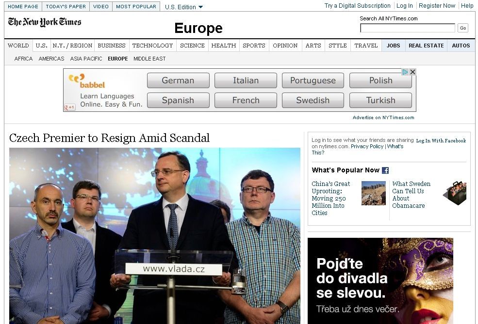 Nečas - rezignace - The New York Times