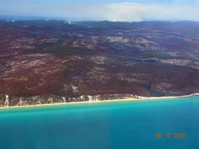 Pobřeží ostrova Fraser, po požáru.