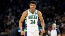 May 7, 2022; Milwaukee, Wisconsin, USA; Milwaukee Bucks forward Giannis Antetokounmpo (34) reacts after scorring during the third quarter against the Boston Celtics durin