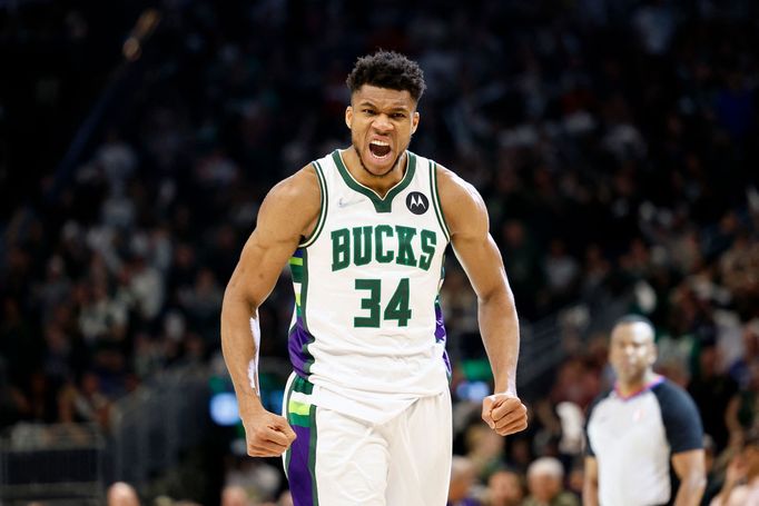 May 7, 2022; Milwaukee, Wisconsin, USA; Milwaukee Bucks forward Giannis Antetokounmpo (34) reacts after scorring during the third quarter against the Boston Celtics durin