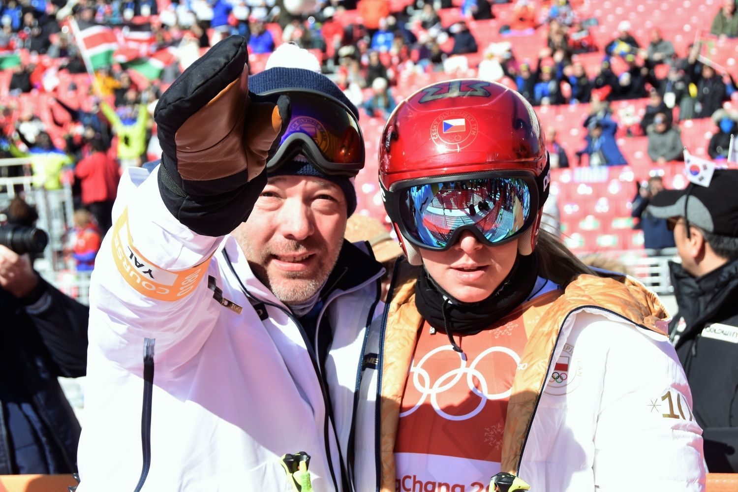 Ester Ledecká s trenérem Tomášem Bankem v obřím slalomu na ZOH 2018