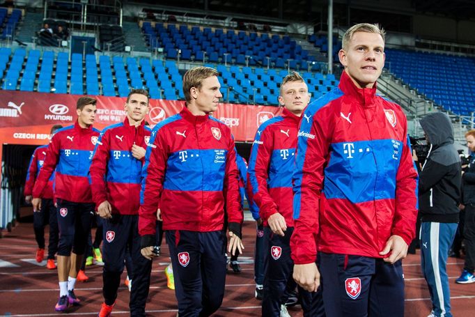 Trénink české fotbalové reprezentace v Ostravě před zápasem proti Ázerbájdžánu. Matěj Vydra, Bořek Dočkal, Ladislav Krejčí, David Pavelka, Patrik Schick