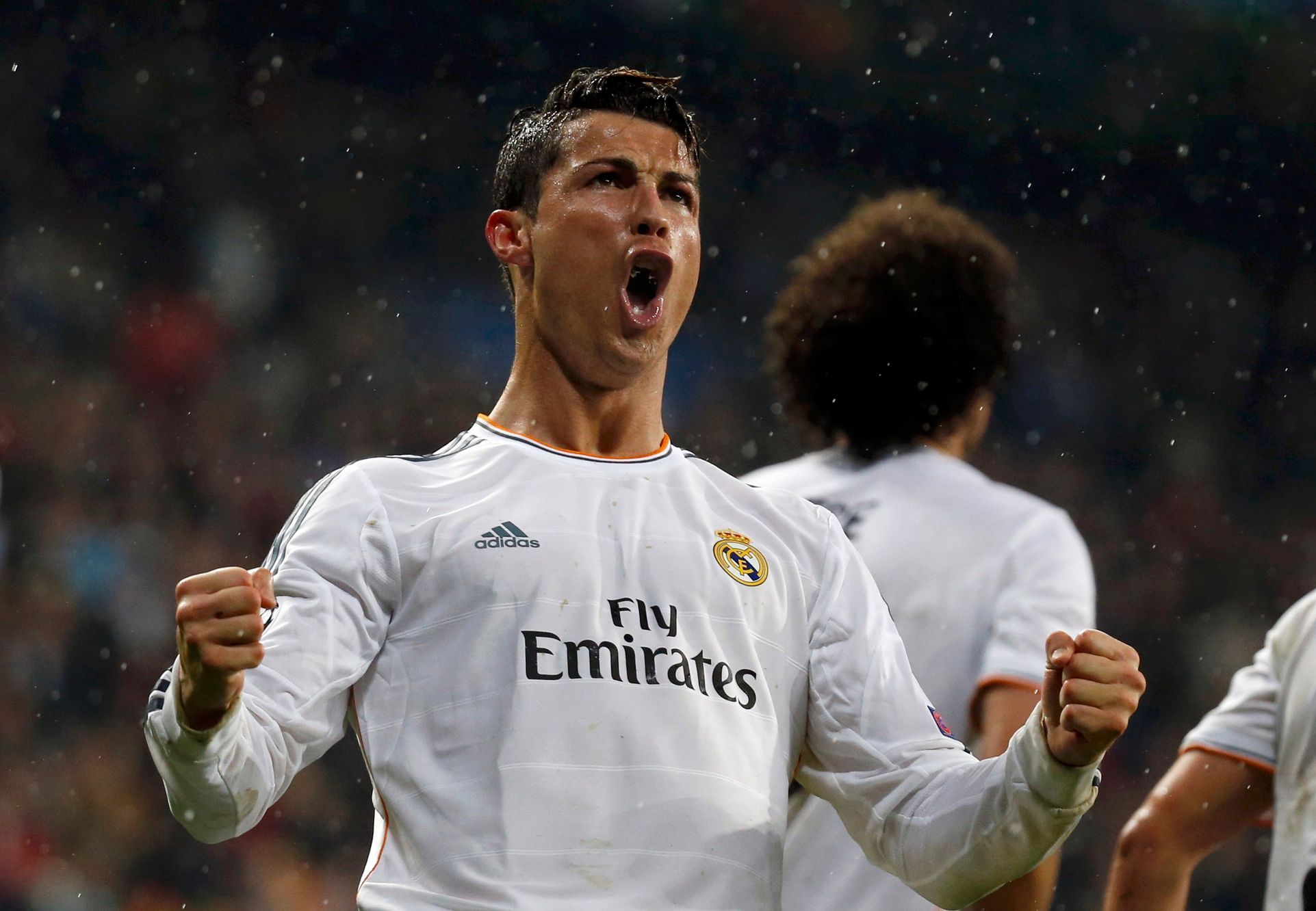 Ronaldo of Real Madrid celebrates his goal against Borussia Dortmund during their Champions League quarter-final first leg soccer match at Santiago Bernabeu stadium in Madrid