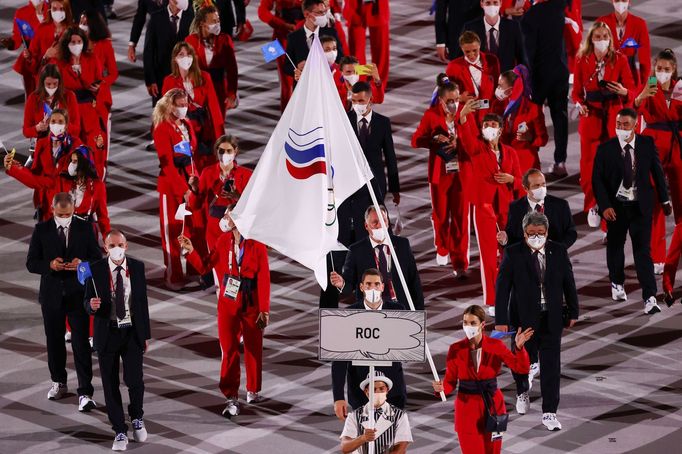 Tokyo 2020 Olympics - The Tokyo 2020 Olympics Opening Ceremony - Olympic Stadium, Tokyo, Japan - July 23, 2021. Flag bearer Sofya Velikaya of the Russian Olympic Committe