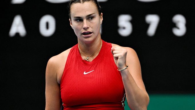 Tennis - Australian Open - Melbourne Park, Melbourne, Australia - January 19, 2024 Belarus' Aryna Sabalenka reacts during her third round match against Ukraine's Lesia Ts