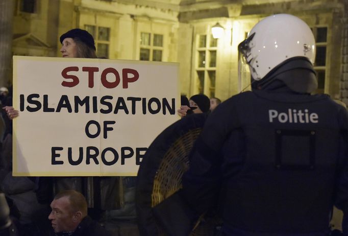 Members of the Belgian branch of Germany's anti-Islam group, PEGIDA (Patriotic Europeans Against the Islamisation of the West), take part in a demonstration in Antwerp.