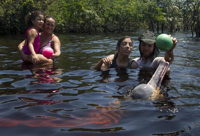 Elinei Afosno (L) carries her daughter Yasmim Vitoria Afonso, 5, who suffers from mental retardation and Igor Andrade, a physiotherapist, assists Alice Castro, 17, who suffers from mild cerebral palsy, while interacting with a dolphin during a "Bototherapy" session at Arau River in Amazon August 11, 2012. The "Bototherapy", a "Rolfing" therapeutic practice assisted by river dolphins, was developed by Andrade and the treatment is free for children from low income with disabilities or disorders. Picture taken August 11, 2012. �REUTERS/Bruno Kelly (BRAZIL - tags: - Tags: SOCIETY HEALTH) Published: Srp. 28, 2012, 12:15 dop.