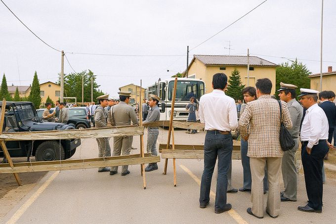 Zátaras s ostnatým drátem v Sevesu, Itálie, březen 1979. Obyvatelé a policie stojí u autobusu během evakuace zóny A, zamořené po úniku dioxinu. Kolorováno