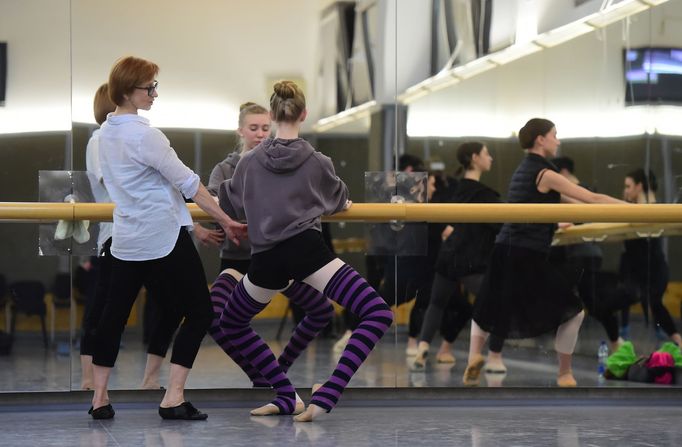 Část souboru Kyjevského městského baletu při zkoušce v baletním sále Moravského divadla Olomouc.