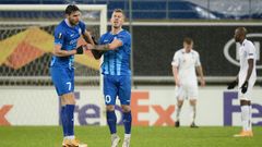 Fotbalisté Gentu slaví gól v zápase Evropské ligy Gent - Liberec