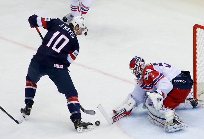 Jimmy Hayes of the U.S. (L) challenges goalie Alexander Salak of the Czech Republic (R) during the second period of their men's ice hockey World Championship quarter-fina