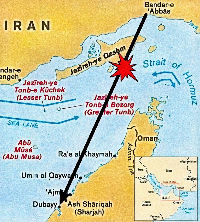 Výchozí bod, cílová destinace a přibližné místo sestřelení letadla Iran Air 655 (ne nutně přímá cesta). Grafické schéma.