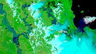 Druhý ze snímků od NASA vykresluje míru záplav. Díváte se na stejné území, jako na předchozím obrázku - tedy na oblast Fitzroy Basin.