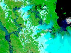Druhý ze snímků od NASA vykresluje míru záplav. Díváte se na stejné území, jako na předchozím obrázku - tedy na oblast Fitzroy Basin.