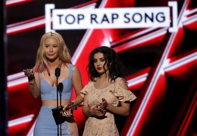 Iggy Azalea accepts the award for top rap song for &quot;Fancy&quot; with Charlie XCX at the 2015 Billboard Music Awards in Las Vegas