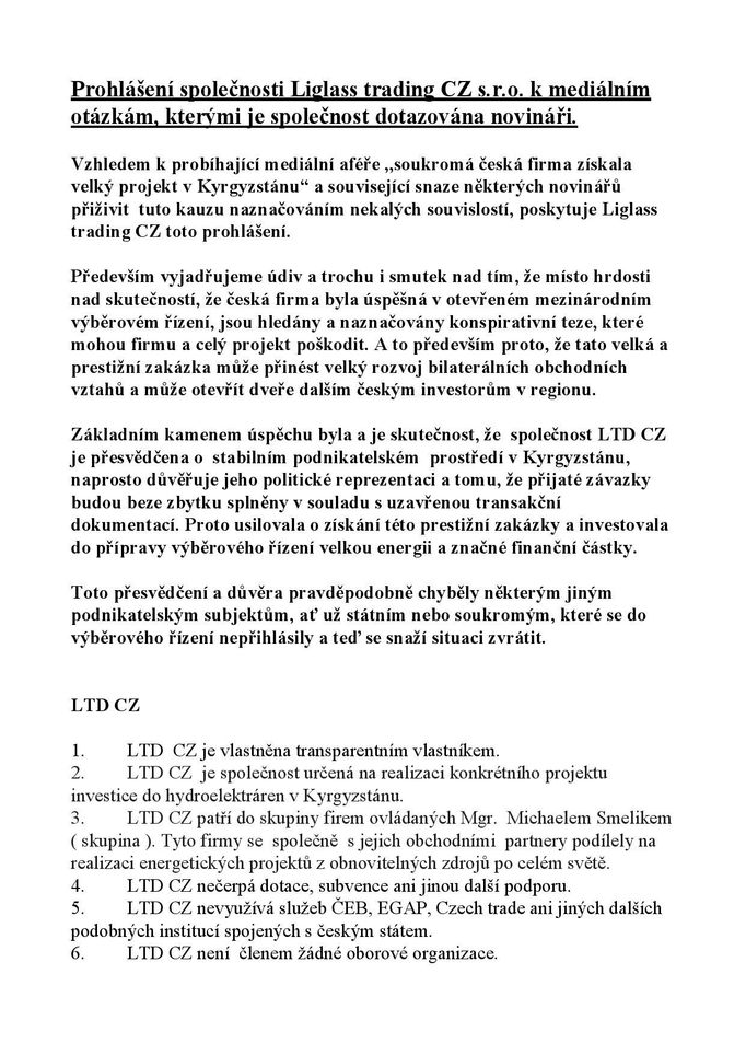 Prohlášení společnosti Liglass Trading CZ k nejasnostem kolem zakázky v Kyrgyzstánu.