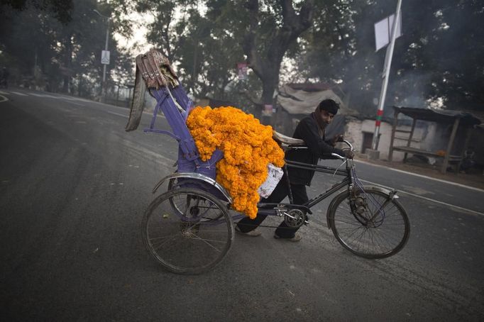 A man transports garlands of marigold flowers on a trishaw along the banks of the Ganges river ahead of the "Kumbh Mela" (Pitcher Festival), in the northern Indian city of Allahabad January 11, 2013. During the festival, Hindus take part in a religious gathering on the banks of the river Ganges. "Kumbh Mela" will return to Allahabad in 12 years. REUTERS/Ahmad Masood (INDIA - Tags: RELIGION) Published: Led. 11, 2013, 10:26 dop.