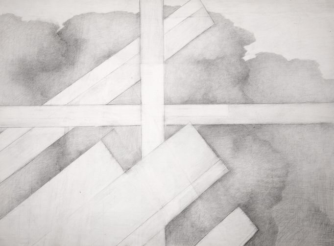 Jitka Svobodová: Stromy s lešením, 1975, tužka, papír, 63,5 x 86 cm.