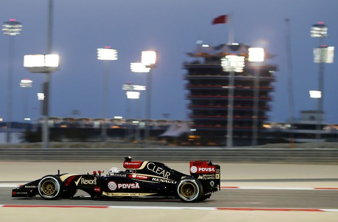 Lotus Formula One driver Romain Grosjean of France drives during the second practice session of the Bahrain F1 Grand Prix at the Bahrain International Circuit (BIC) in Sa