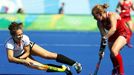 Women's Quarterfinal Match USA v Germany - Olympic Hockey Centre - Rio de Janeiro, Brazil - 15/08/2016. Marie Mavers (GER) of Germany (L) competes with Lauren Crandall (U