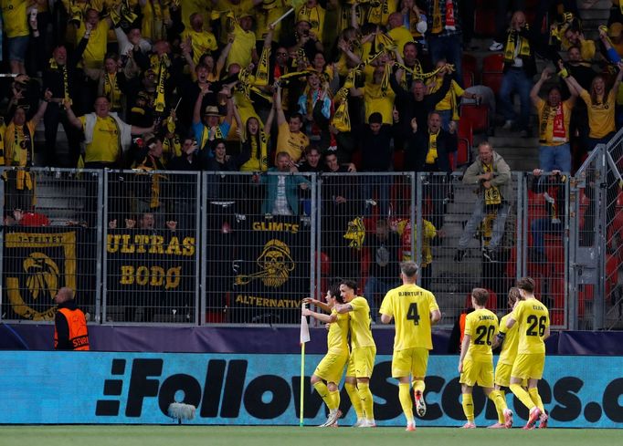 Radost fotbalistů Bodö/Glimt v zápase proti Slavii v Lize mistrů