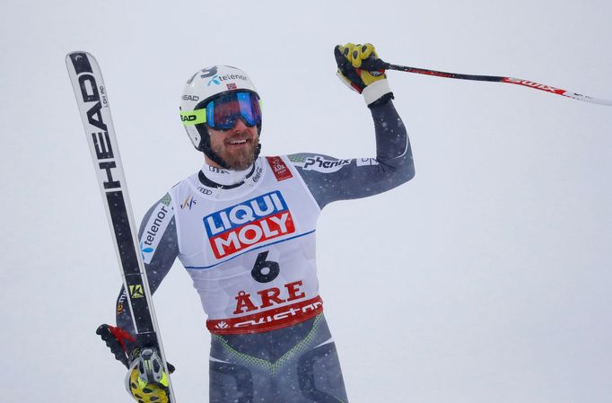 Kjetil Jansrud v cíli sjezdu na MS 2019 v Aare.