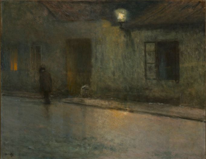 Jakub Schikaneder: Noční ulice s chodcem, po roce 1905.