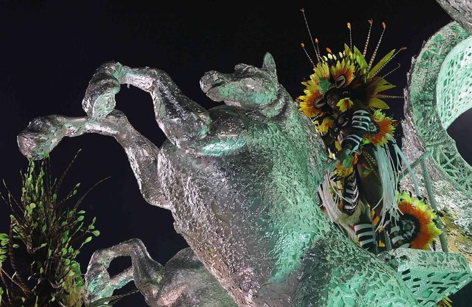 A reveller from Imperatriz Leopoldinense samba school participates during the annual Carnival parade in Rio de Janeiro's Sambadrome, February 12, 2013. REUTERS/Sergio Moraes (BRAZIL - Tags: SOCIETY) Published: Úno. 12, 2013, 6:20 dop.