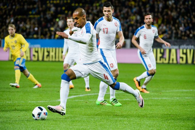 The Czech Republic's Theodor Gebre Selassie controls the ball during the friendly international soccer match with Sweden at the Friends Arena in Stockholm