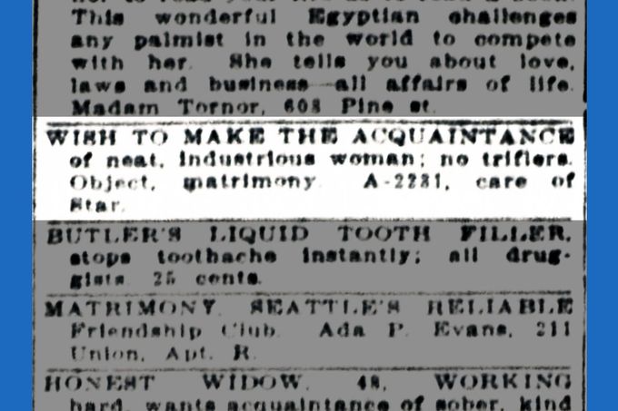 Seznamovací inzerát v osobní rubrice ve vydání deníku The Seattle Star z 13. ledna 1914